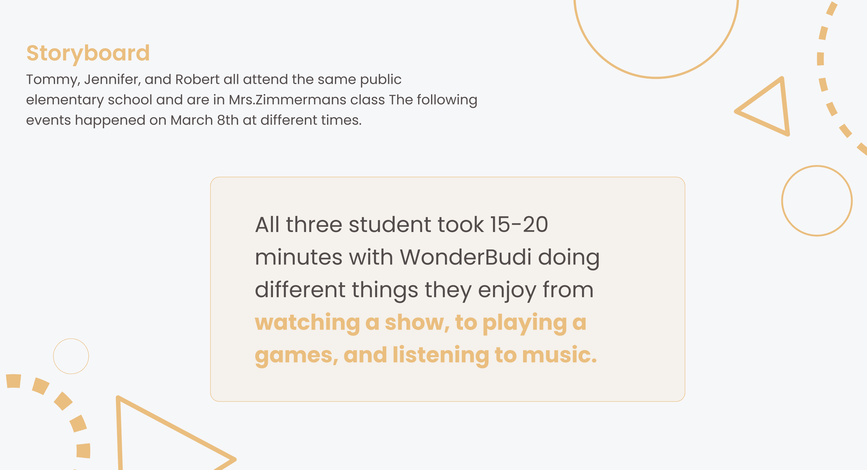 Storyboard: all three students spent 15 to 20 minutes with WonderBudi doing different things they enjoy, from watching a show, to playing games, and listening to music